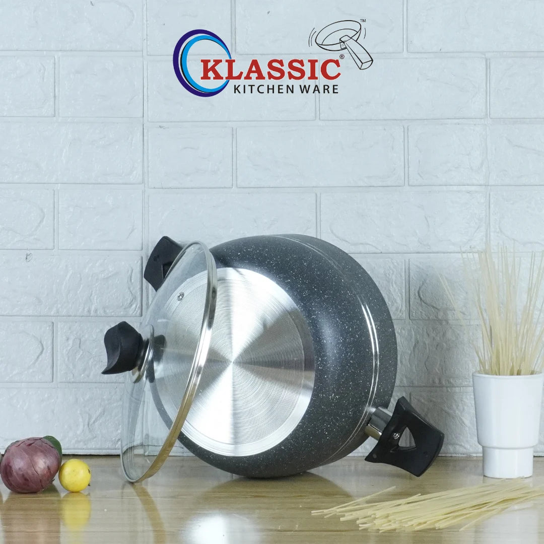 Non Stick Marble Coated Cooking pot with glass lidand groved base