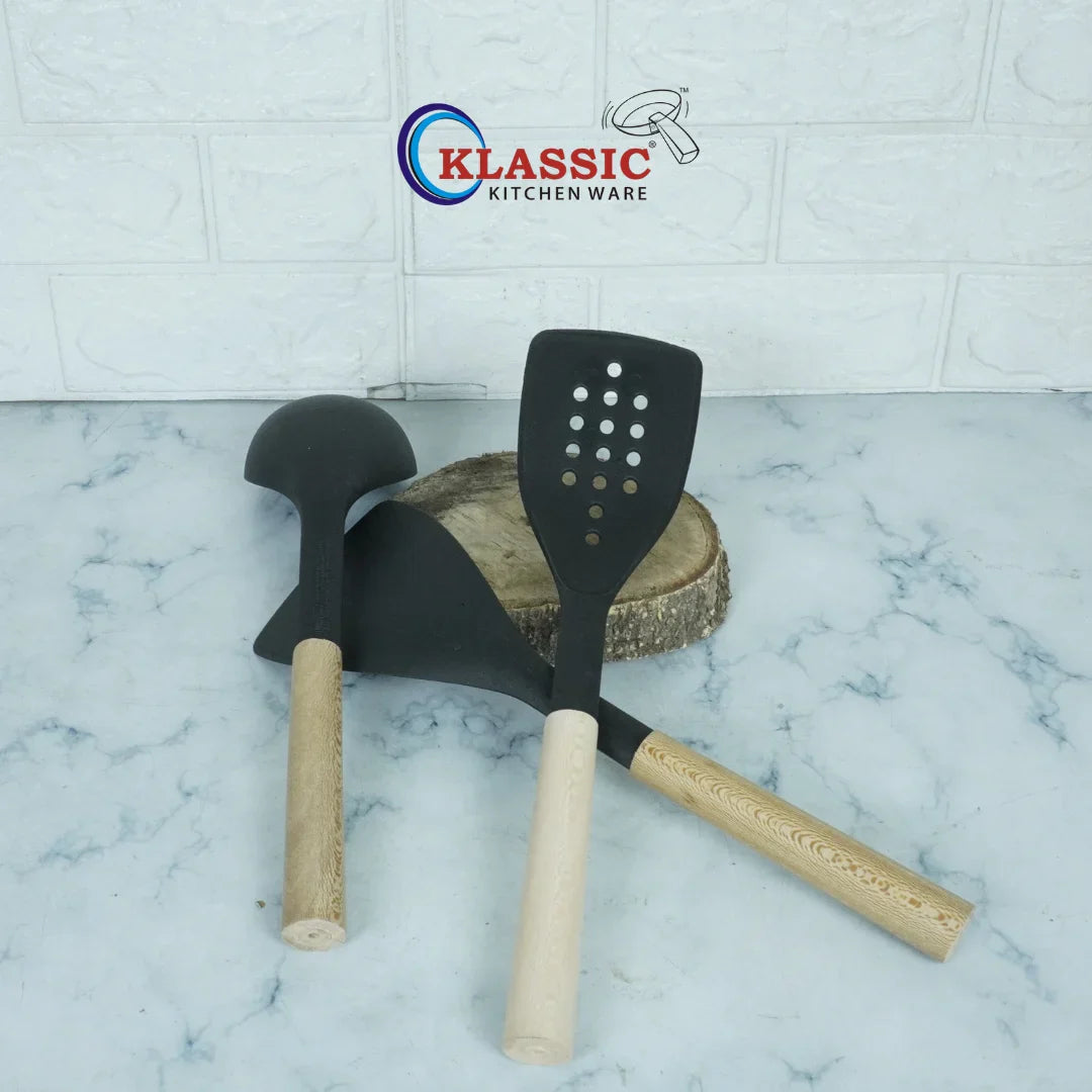 Klassic Best Quality Nylon Spoons with Wooden Grip Utensils - Kitchenware Accessories - Klassic kitchenware Pk