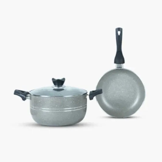 Klassic Marble Coated 3 Psc mini Cookware Set (22cm Frying pan + 22cm Cooking Pot) Beige - On Lid can Fit on Both - Klassic kitchenware Pk 1080