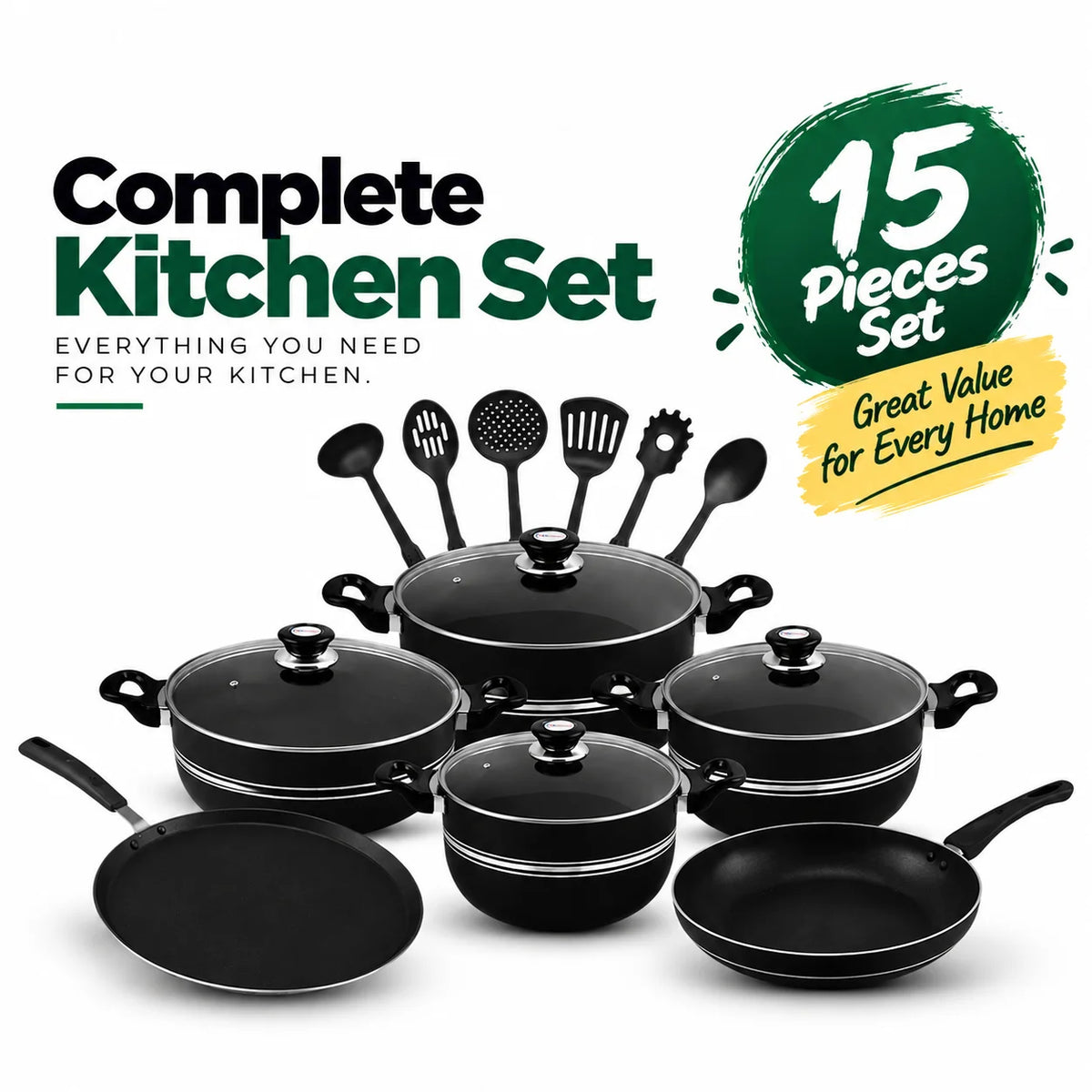 Non-Stick Cookware Set 16 Pieces with Glass Lid (Budget Friendly Series)