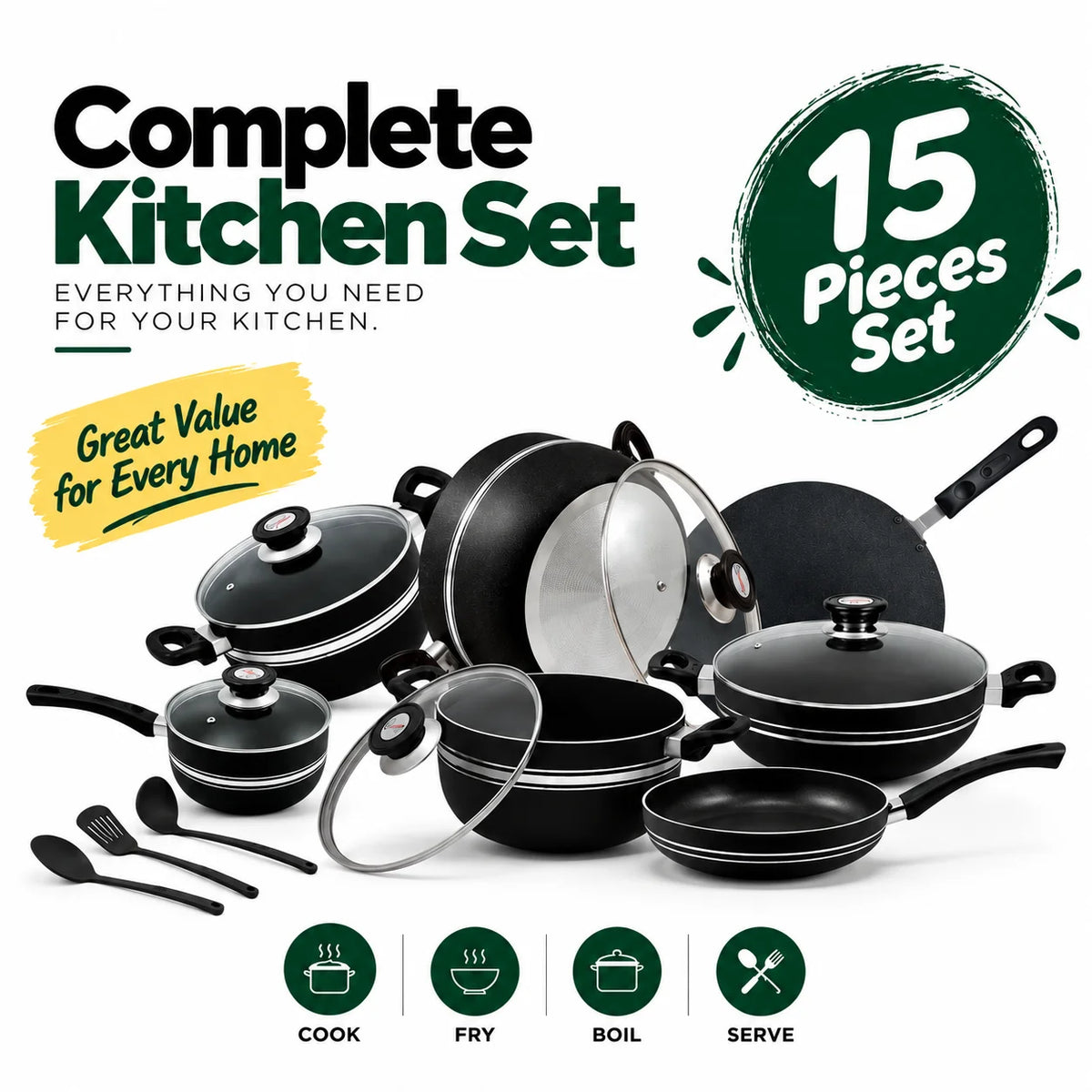 Budget Friendly Series Non-Stick Cookware Set/Kitchen Set of 15 Pieces
