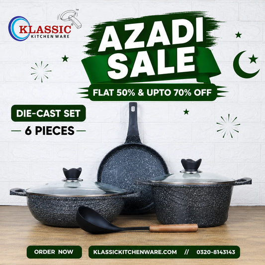 KLASSIC Die Cast Marble Coated Cookware Set 6 Pieces | Wok + Pizza Pan + Cooking Pot  and Spoon| Mini Cookware Kitchen Set 1254