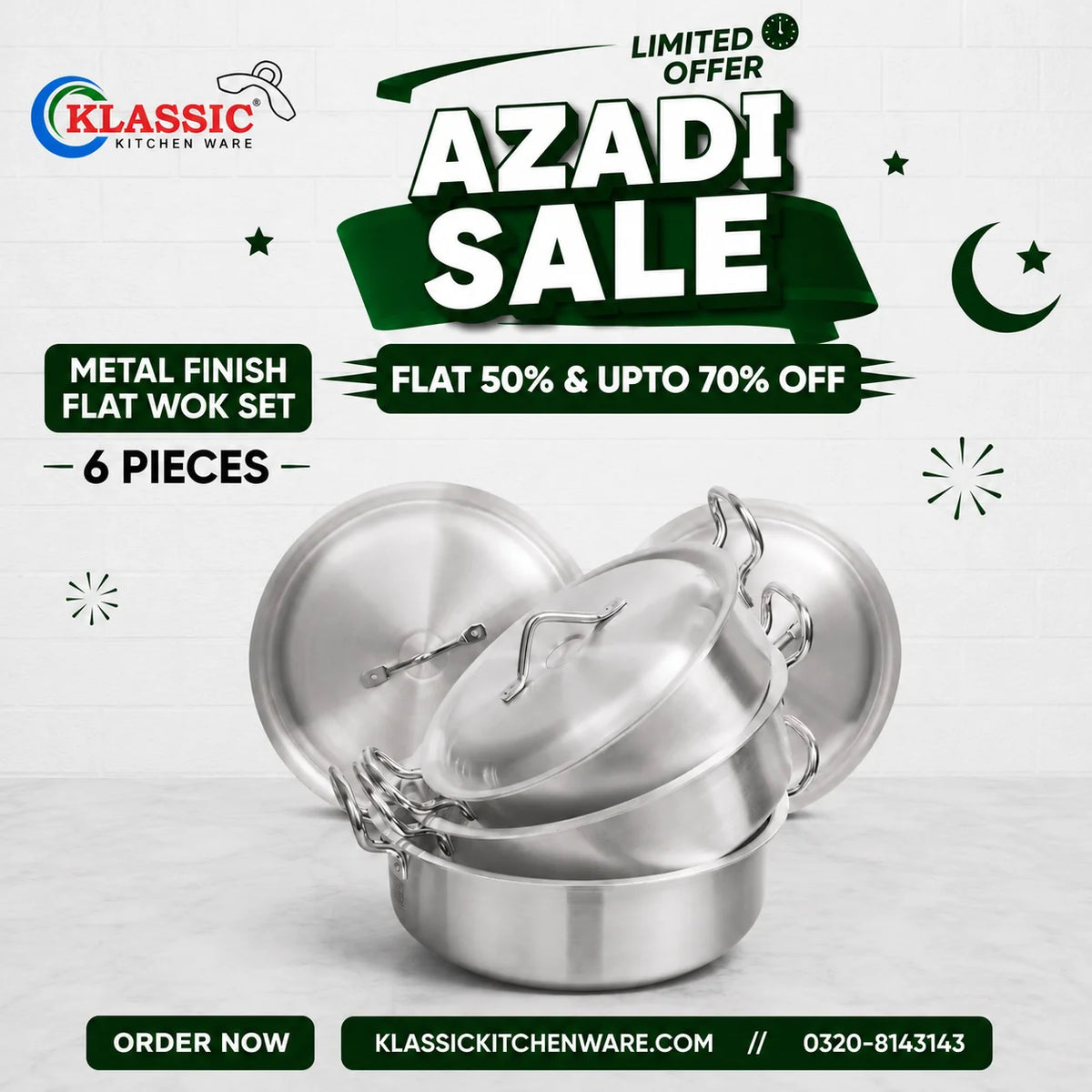 KLASSIC Aluminum Stainless Steel Flat Karahi | Woks Set with Lid