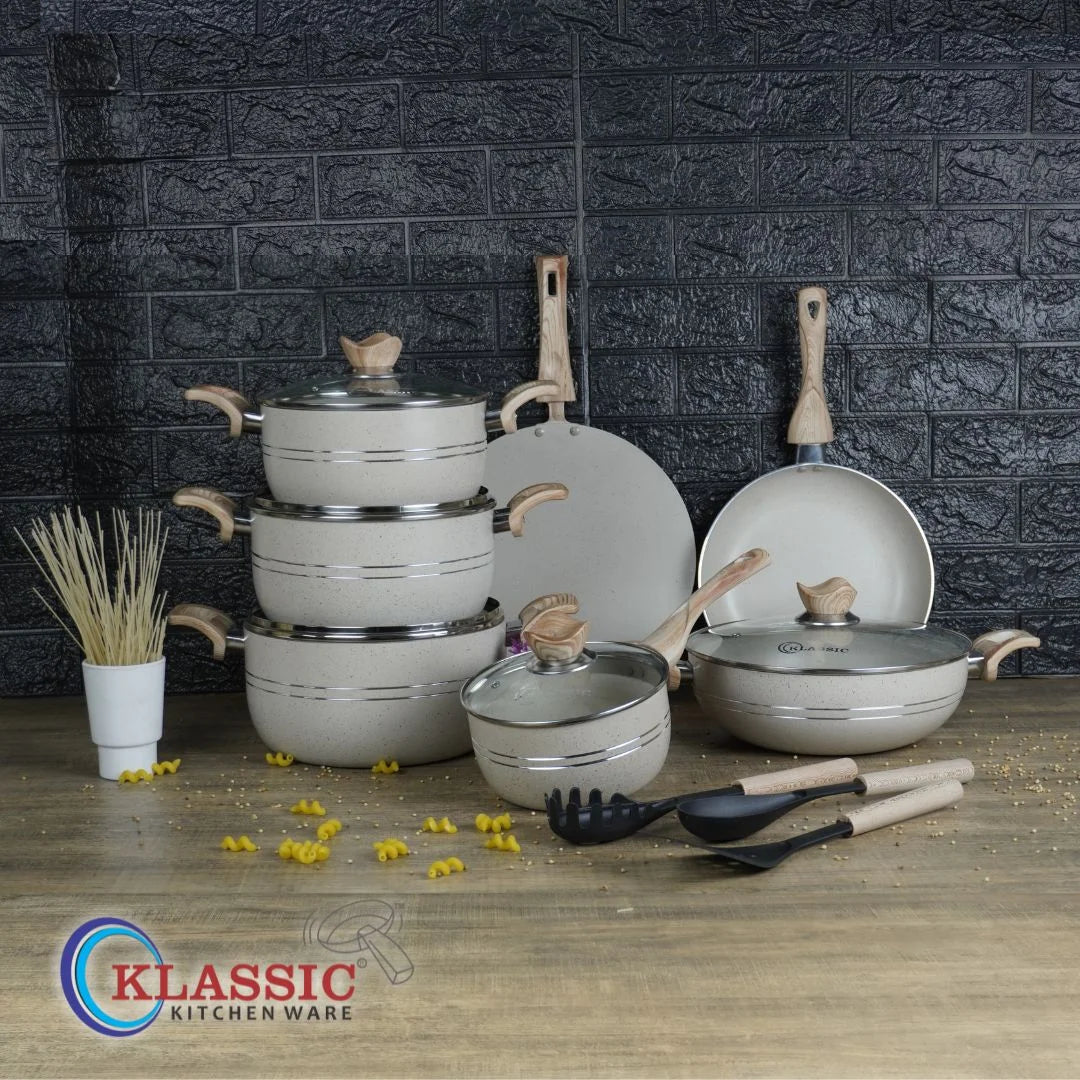 KLASSIC Vario White Marble Coated Cookware Gift Set - 15 Pieces Kitchenware Set