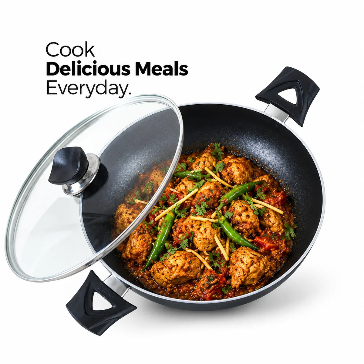 Budget Friendly NonStick Round Karahi/Wok With Glass Lid Black