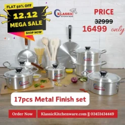 Aluminum Silver Steel Metal Finish Cookware Kitchen Set 17 Pcs