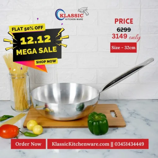 Aluminum Silver Steel Metal Finish Long Handle Wok Karahi 32cm