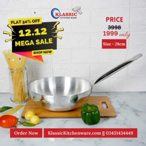 Aluminum Silver Steel Metal Finish Long Handle Wok Karahi 28cm