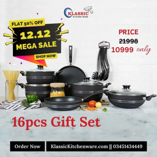 Klassic Prestige Non Stick Cookware Set With Glass Lid 16 Pcs