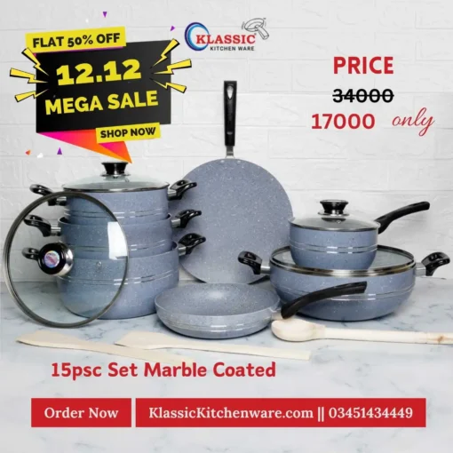 Non Stick Marble Coated Cookware Set 15 Pcs Grey