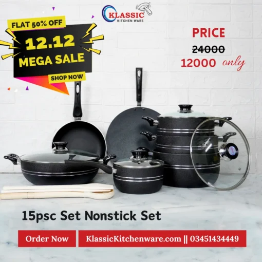 Non Stick Cookware Kitchen Set 15 Pcs Black