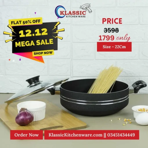 Non Stick Flat Wok Karahi With Glass Lid 22cm Black