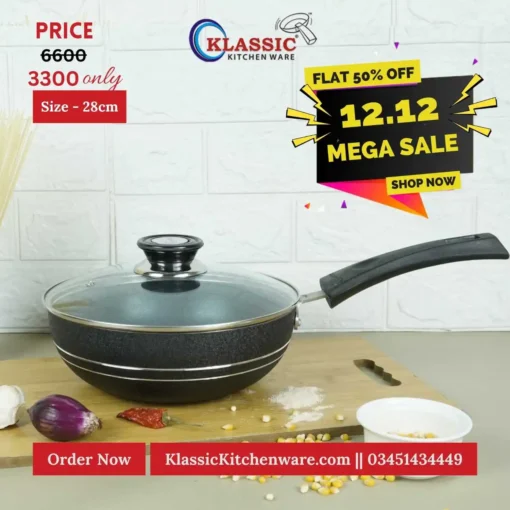 Non Stick Long Handle Wok Karahi With Glass Lid 28cm Black