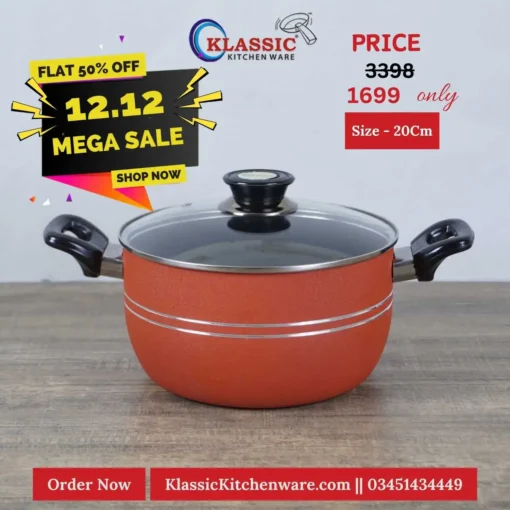 Non Stick Casserole Cooking Pot Handi With Glass Lid 20cm Red