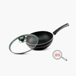 Wok long handle Non Stick 20cm Glass Lid black