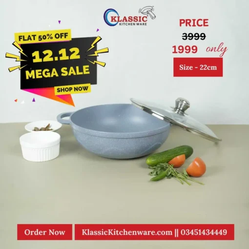 Diecast Marble Coated Caldero Wok Karahi 22cm Grey