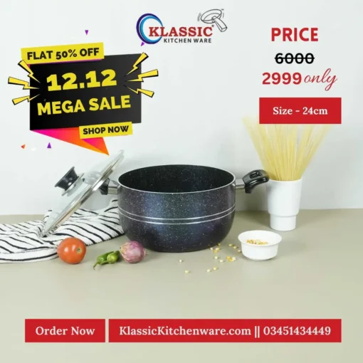 Non Stick Marble Coated Casserole Cooking Pot Handi 24cm Black