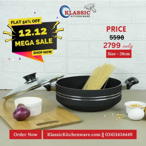 Non Stick Flat Wok Karahi With Glass Lid 28cm Black