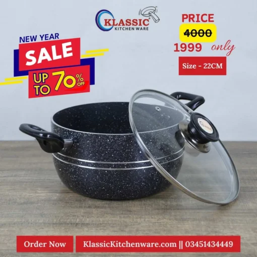 Cooking Pot Handi With Glass Lid 22cm Black