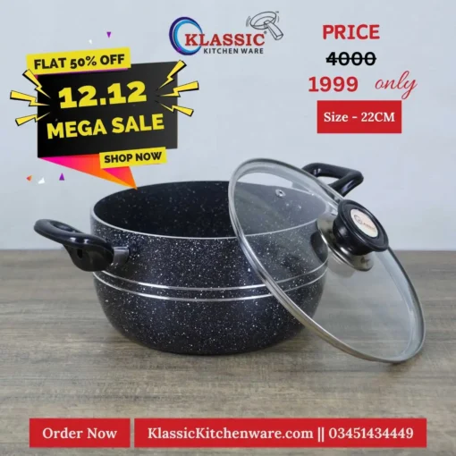 Non Stick Marble Coated Casserole Cooking Pot Handi With Glass Lid 22cm Black