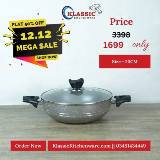 Non Stick Marble Coated Wok Karahi With Glass Lid 20cm Grey