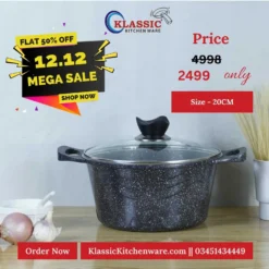 Non Stick Diecast Casserole Cooking Pot Handi With Glass Lid 20cm Black