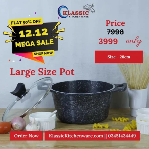 Non Stick Diecast Casserole Cooking Pot Handi With Glass Lid 28cm Black